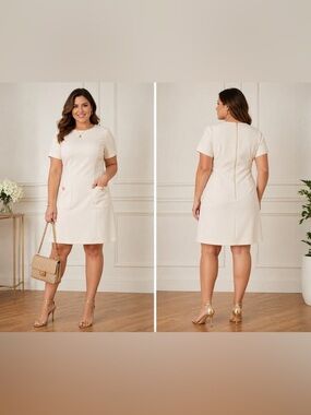 Eliza J Ivory Shift Dress w/ Gold Button Pockets Size 12 – Classic Chic